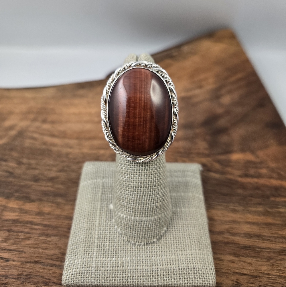 Red Tiger Eye Oval Sterling Silver Ring